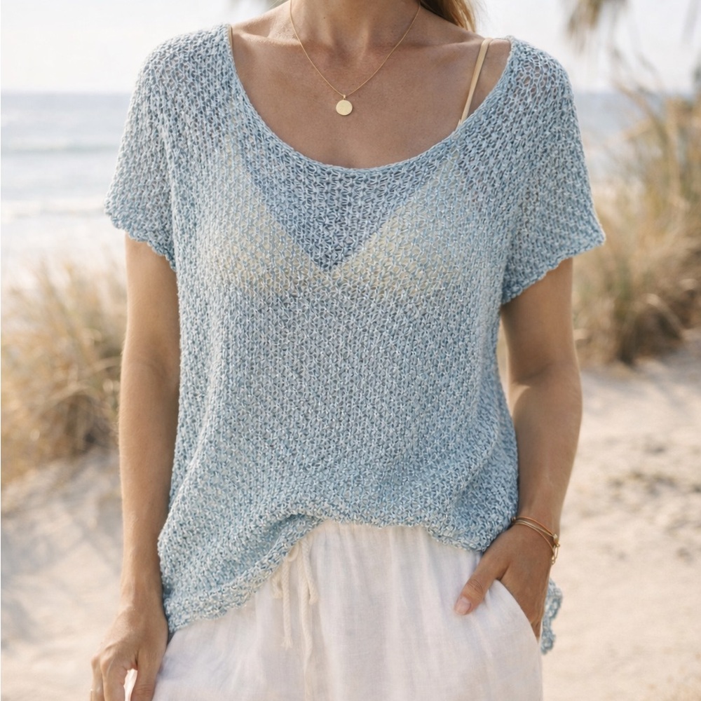 Light Blue Metallic Open-Knit Top Made in Italy Viscose Coastal Quiet Luxury